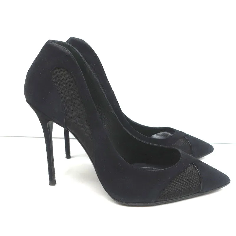 Giuseppe Zanotti Pumps Lucrezia Black Mesh-Inset Suede Size 39 Pointed Toe Heels