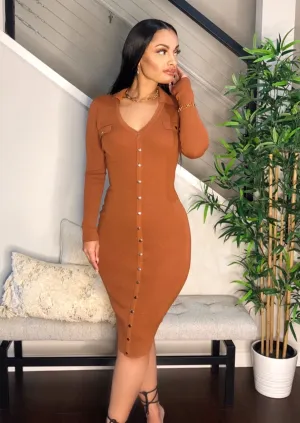 Gold Button Knit Midi Dress