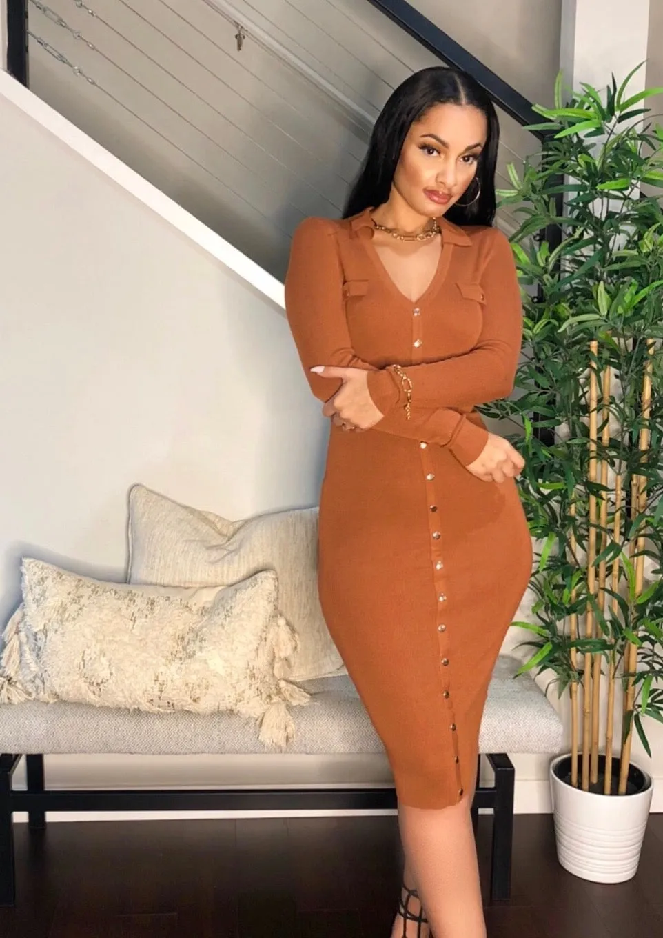 Gold Button Knit Midi Dress