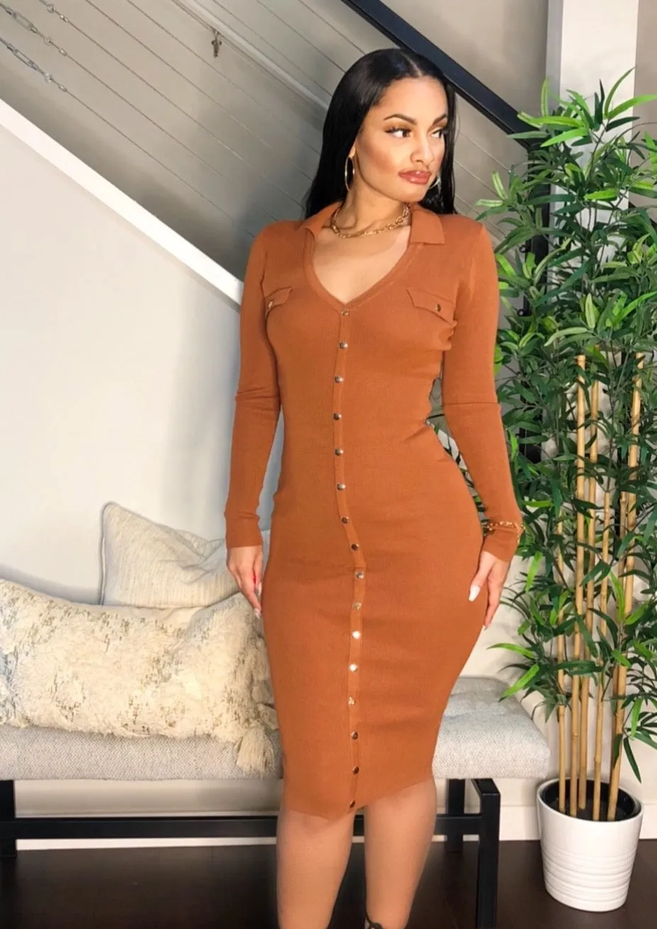 Gold Button Knit Midi Dress