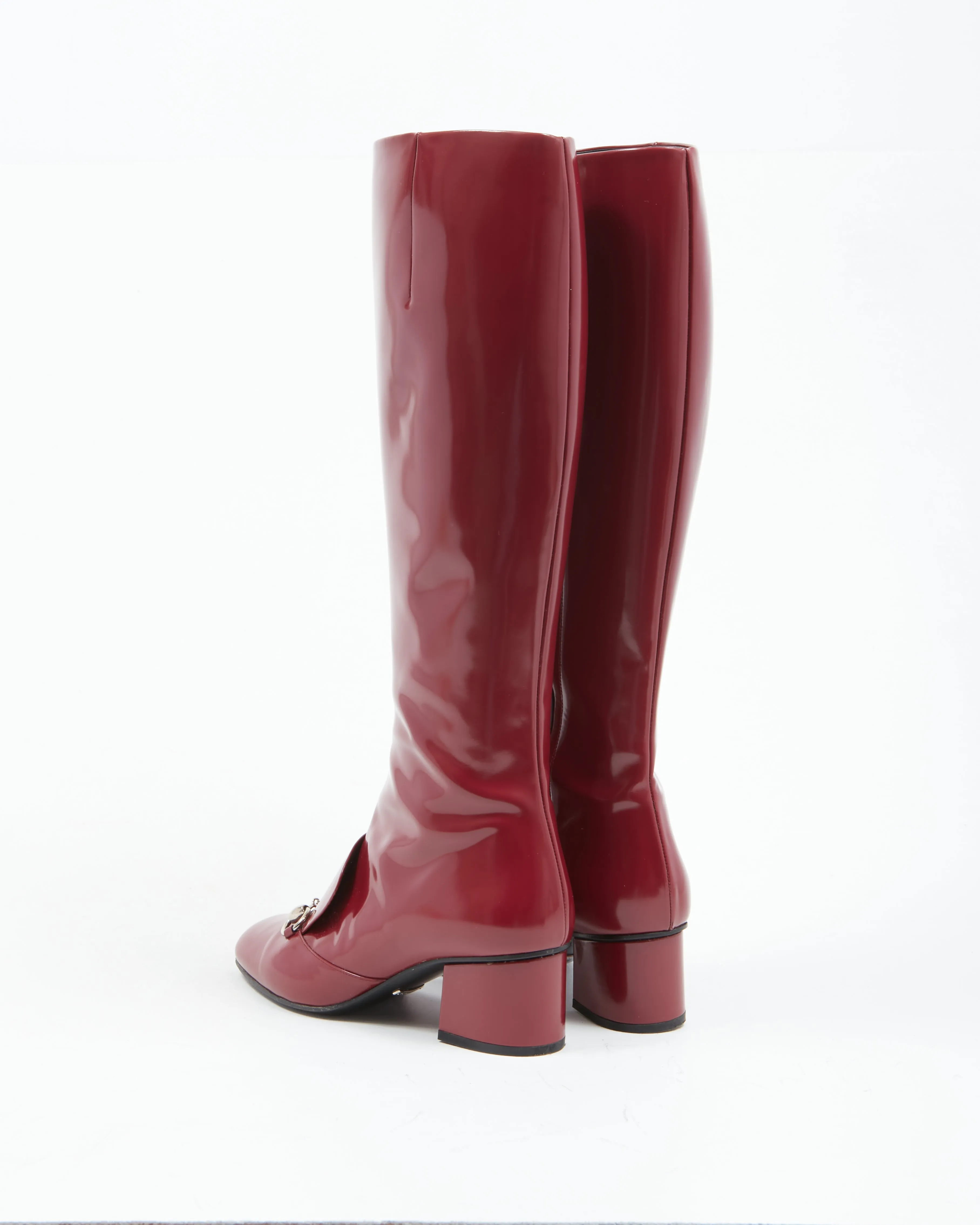 Gucci Wine Red Patent Leather Horsebit Accent Knee-High Boots - 36.5