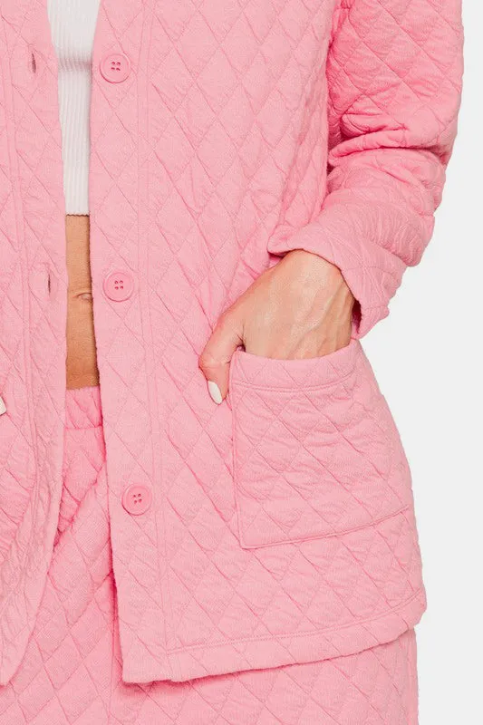 Hazel Blues® |  Zenana Quilted Button Up Long Sleeve Top and Pants Lounge Set