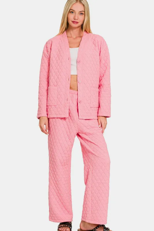 Hazel Blues® |  Zenana Quilted Button Up Long Sleeve Top and Pants Lounge Set