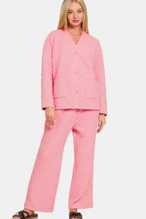 Hazel Blues® |  Zenana Quilted Button Up Long Sleeve Top and Pants Lounge Set