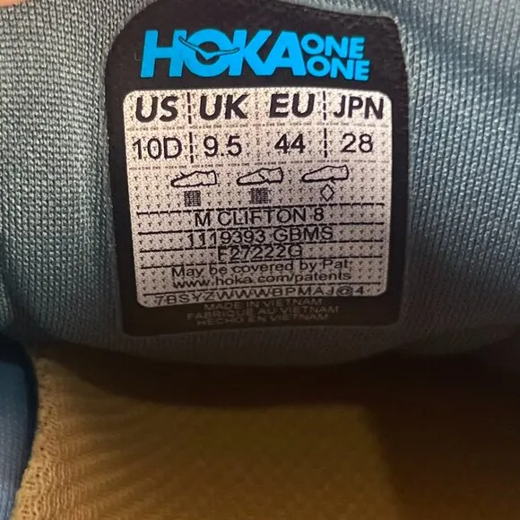 Hoka One One Clifton 8 Mens 10D Running Shoes Goblin Blue Yellow 1119393 GBMS
