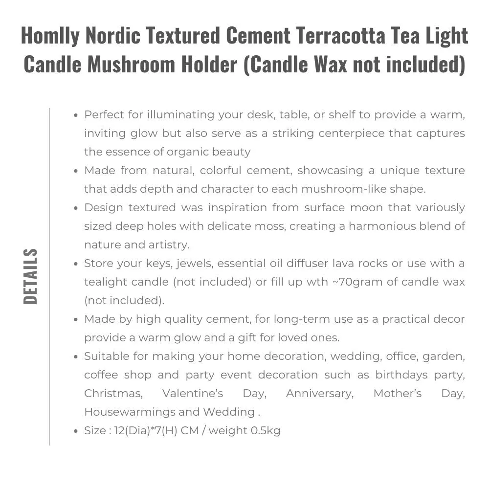 Homlly Nordic Textured Cement Terracotta Tea Light Candle Mushroom Holder (Candle Wax not included)