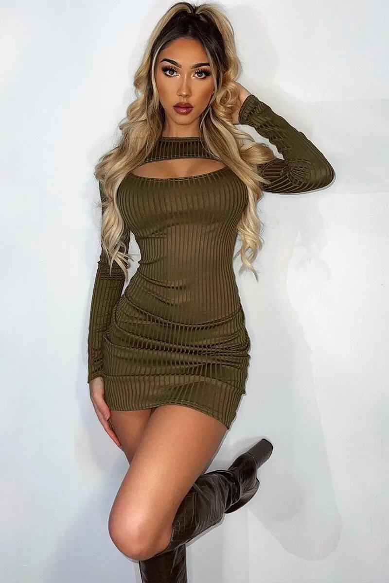 Khaki Ribbed Cut Out Mini Dress - Ayana