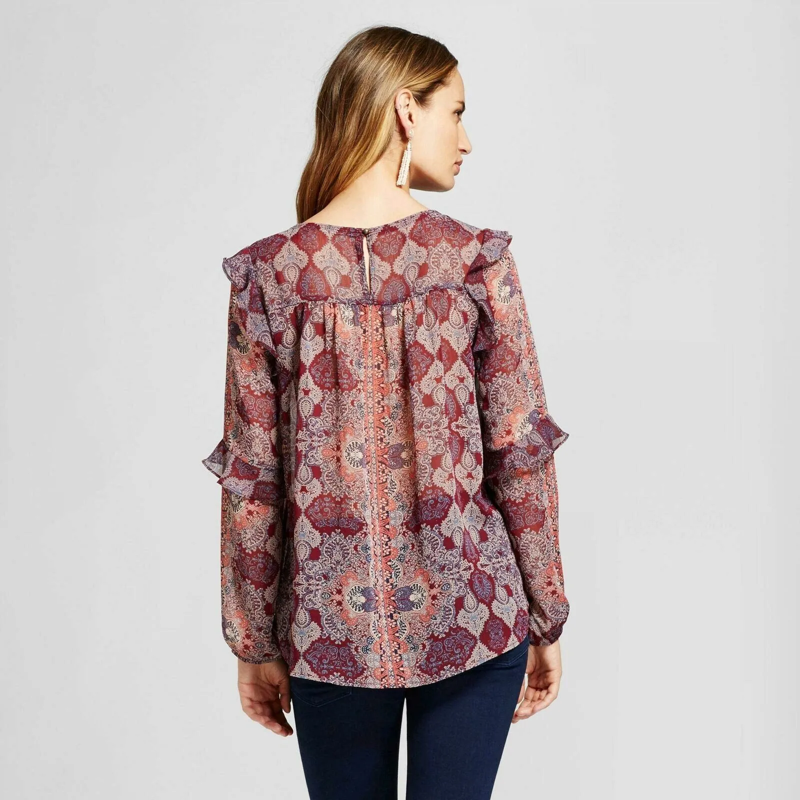 Knox Rose Women's Ruffle Trim Woven Sheer Blouse Top