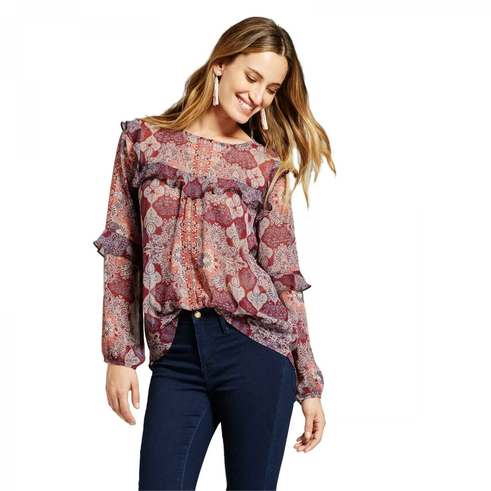 Knox Rose Women's Ruffle Trim Woven Sheer Blouse Top