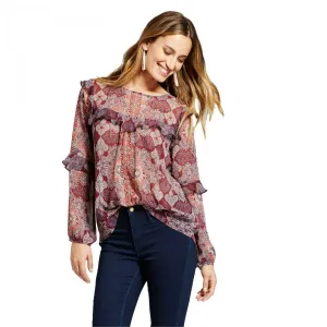 Knox Rose Women's Ruffle Trim Woven Sheer Blouse Top