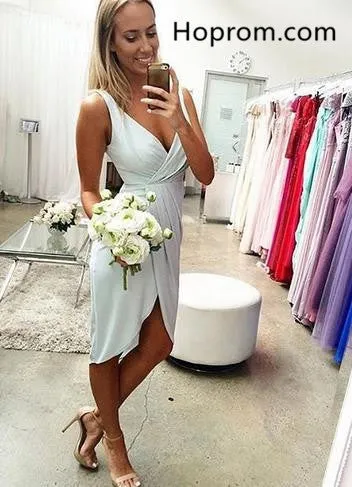 Light Blue Short Short V Neck Chiffon Homecoming Dress Bridesmaid Dress