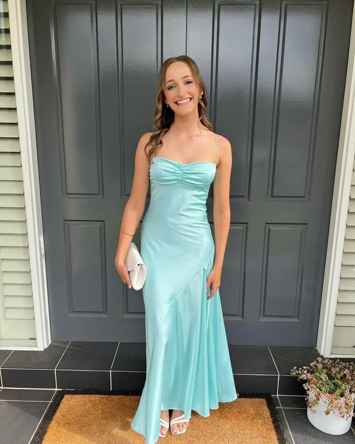 Light Blue Spaghetti Straps Prom Dress with Slit, Light Blue Party Dress