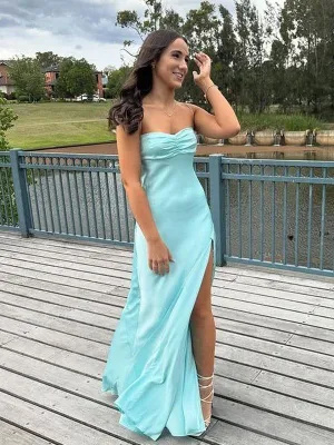 Light Blue Spaghetti Straps Prom Dress with Slit, Light Blue Party Dress