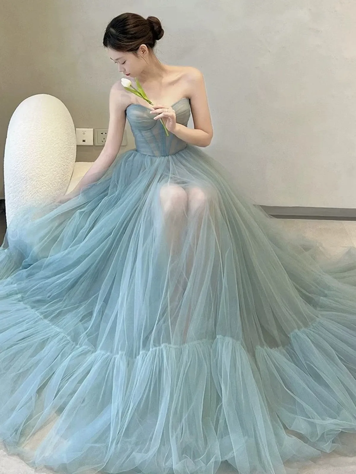 Light Blue Tulle Sweetheart Simple A-line Party Dress, Blue Tulle Off Shoulder Prom Dress