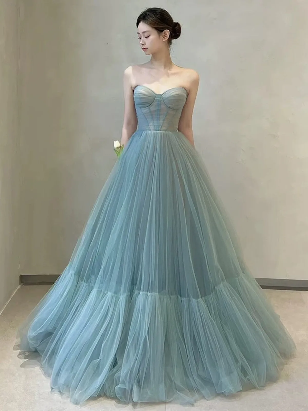 Light Blue Tulle Sweetheart Simple A-line Party Dress, Blue Tulle Off Shoulder Prom Dress