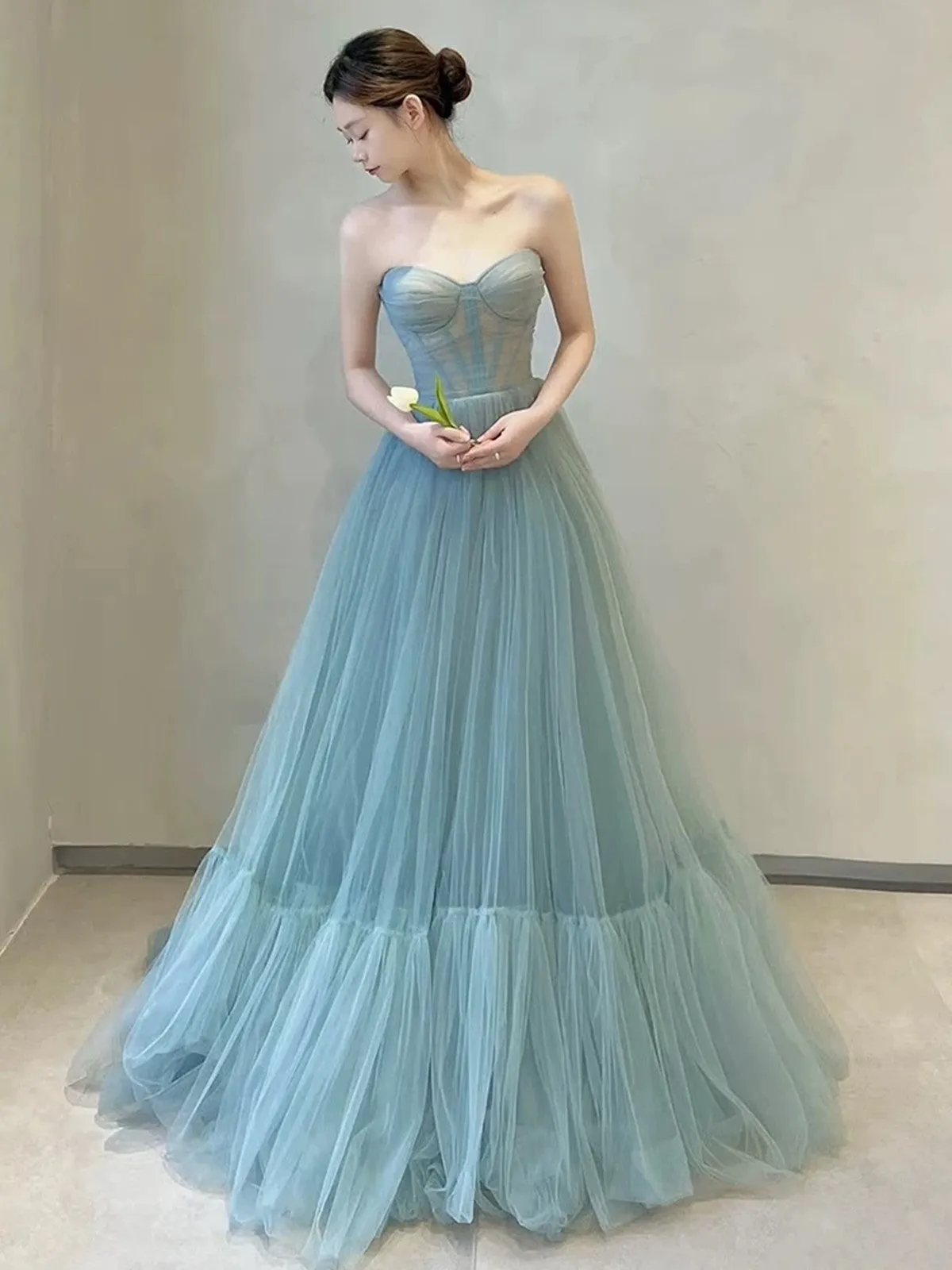 Light Blue Tulle Sweetheart Simple A-line Party Dress, Blue Tulle Off Shoulder Prom Dress
