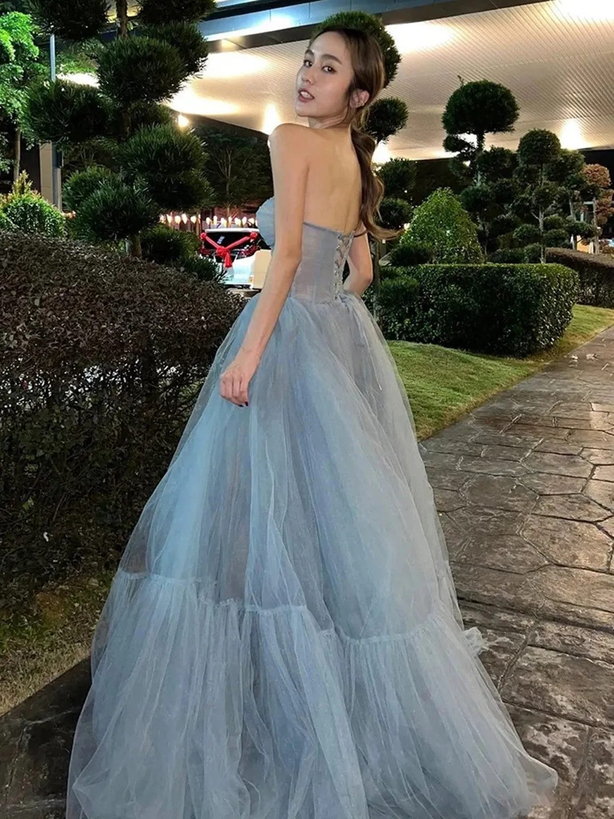Light Blue Tulle Sweetheart Simple A-line Party Dress, Blue Tulle Off Shoulder Prom Dress