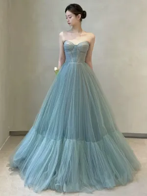 Light Blue Tulle Sweetheart Simple A-line Party Dress, Blue Tulle Off Shoulder Prom Dress