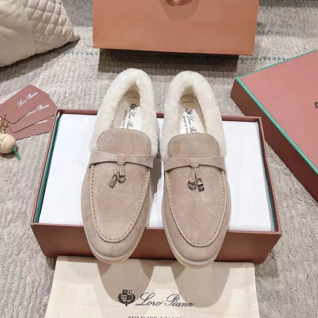 LP Summer Charms Walk Loafers Light Brown Beige Mix White Suede With Rabbit Fur Lining 206250