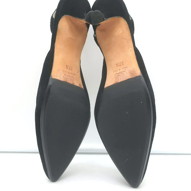Manolo Blahnik Carolyne Kitten Heel Slingback Pumps Black Suede Size 37.5