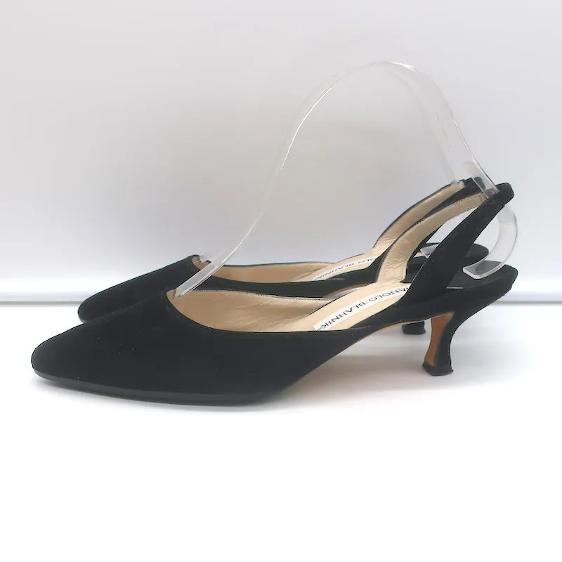 Manolo Blahnik Carolyne Kitten Heel Slingback Pumps Black Suede Size 37.5
