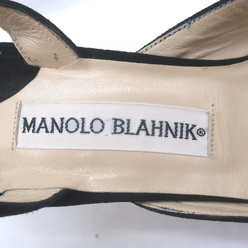 Manolo Blahnik Carolyne Kitten Heel Slingback Pumps Black Suede Size 37.5