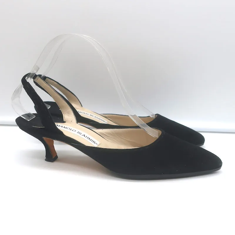 Manolo Blahnik Carolyne Kitten Heel Slingback Pumps Black Suede Size 37.5