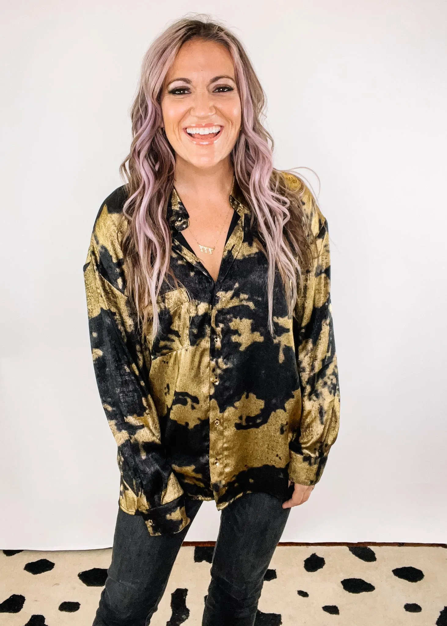 Metallic Gold Collared Shirt with Adjustable Sleeves