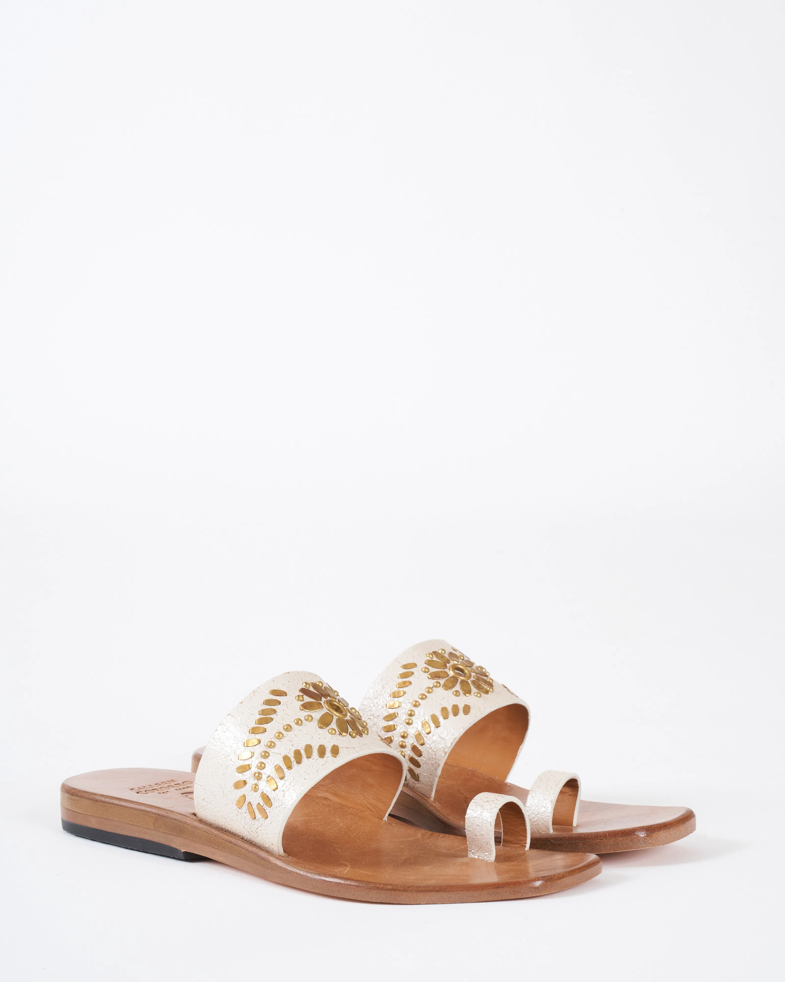 mexico square toe sandal - white pearl leather/brass artwork