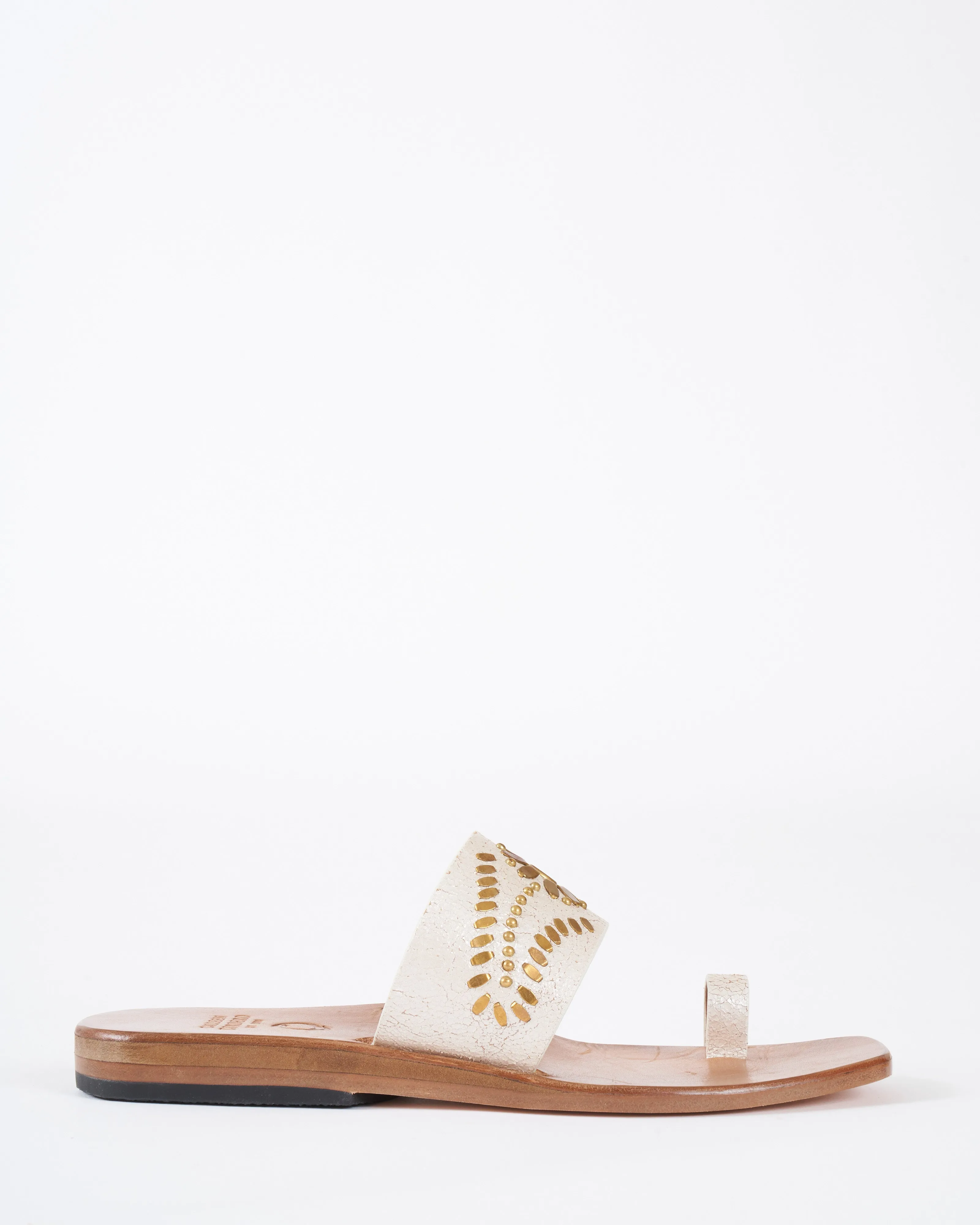 mexico square toe sandal - white pearl leather/brass artwork