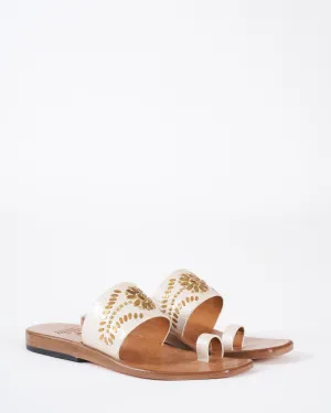 mexico square toe sandal - white pearl leather/brass artwork