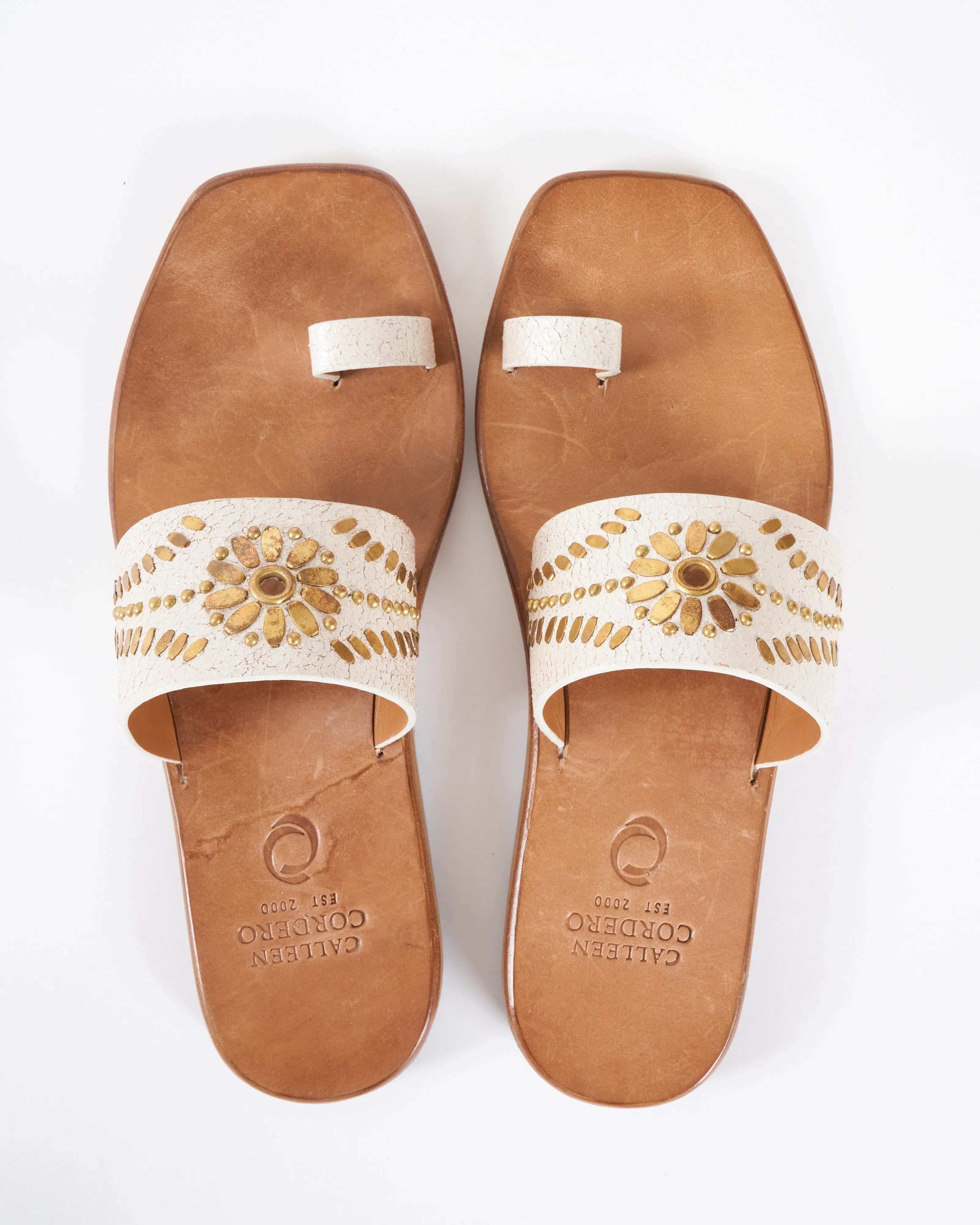 mexico square toe sandal - white pearl leather/brass artwork