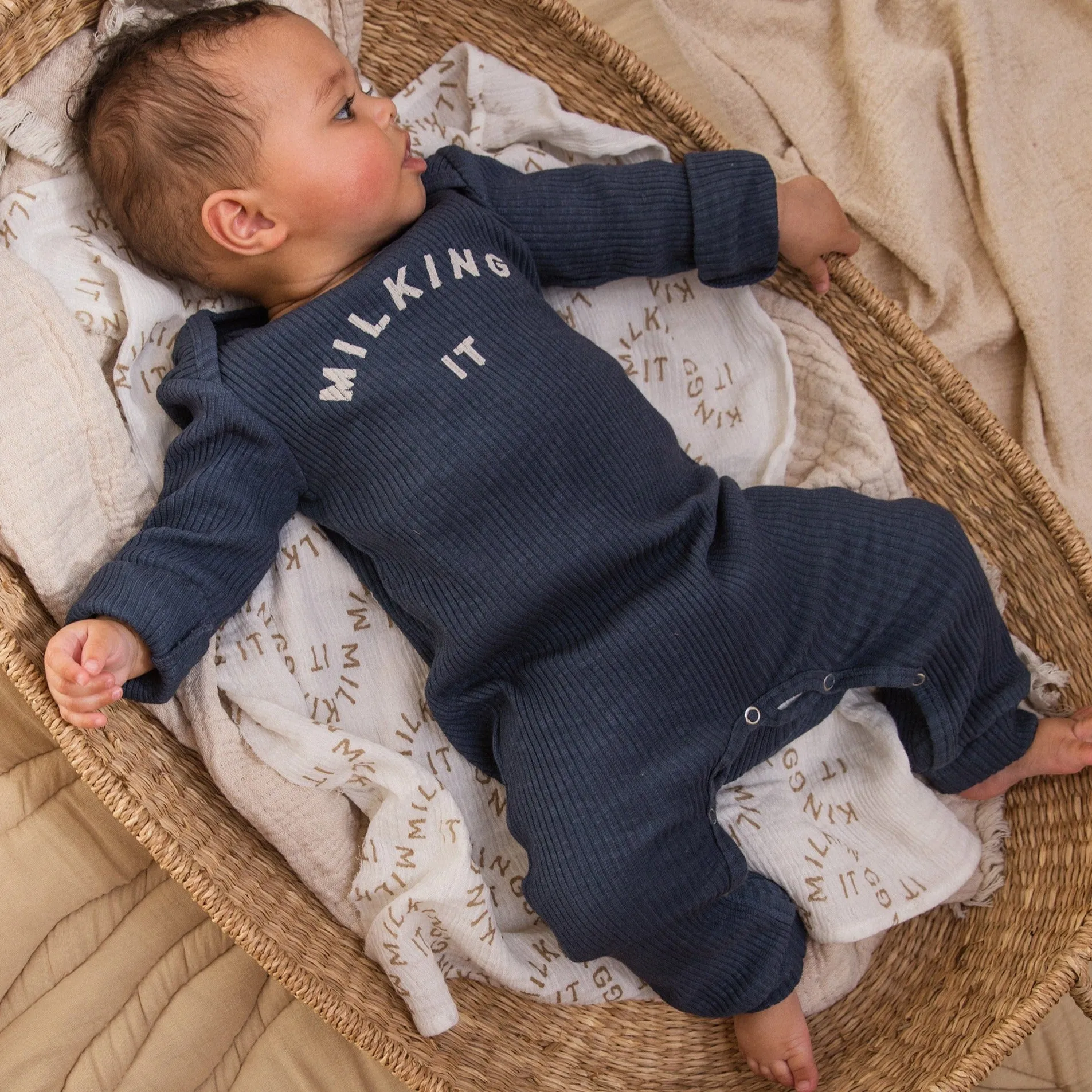 Milking It Cotton Rib Baby Onesie (Navy)