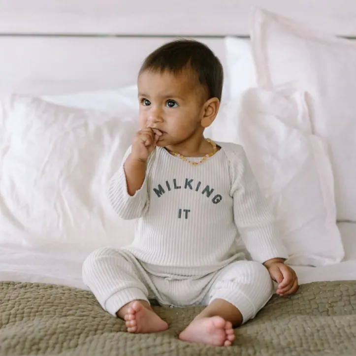 Milking It Rib Romper Onesie (Oatmeal)
