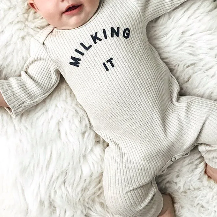Milking It Rib Romper Onesie (Oatmeal)