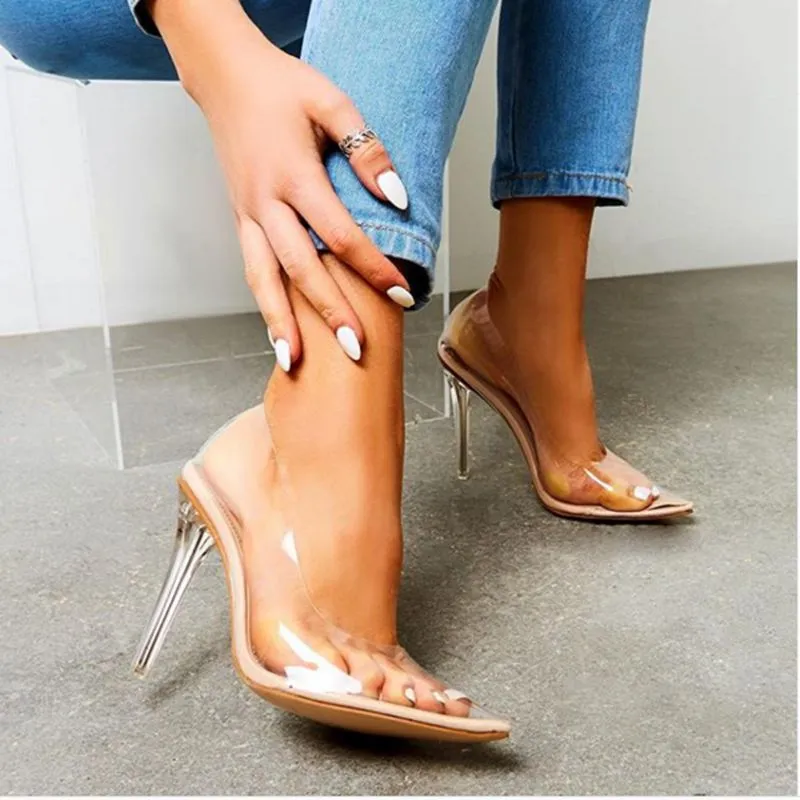Ms. Transparent Single Shoes Pointed Shallow Mouth High Heel Large Size
