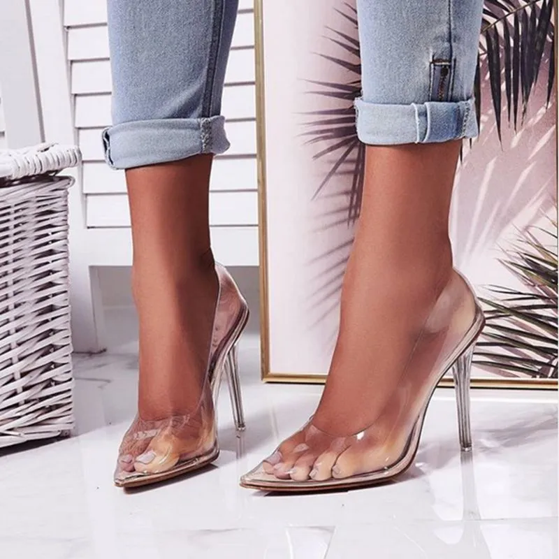 Ms. Transparent Single Shoes Pointed Shallow Mouth High Heel Large Size