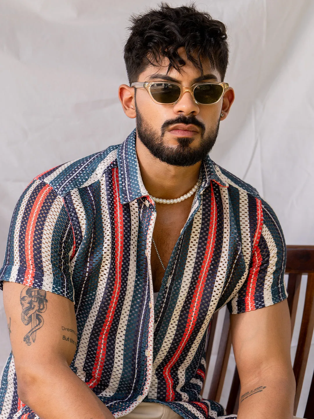 Multi Colour Vertical Lines Half Sleeve Crochet Shirt
