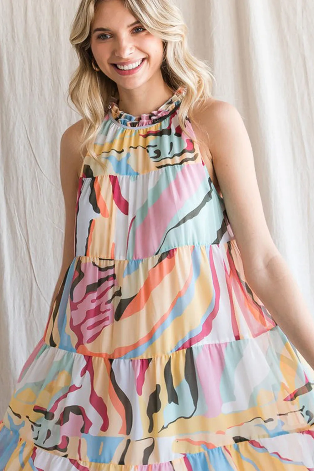 Multicolor Abstract Print Sleeveless Tiered Flowy Dress