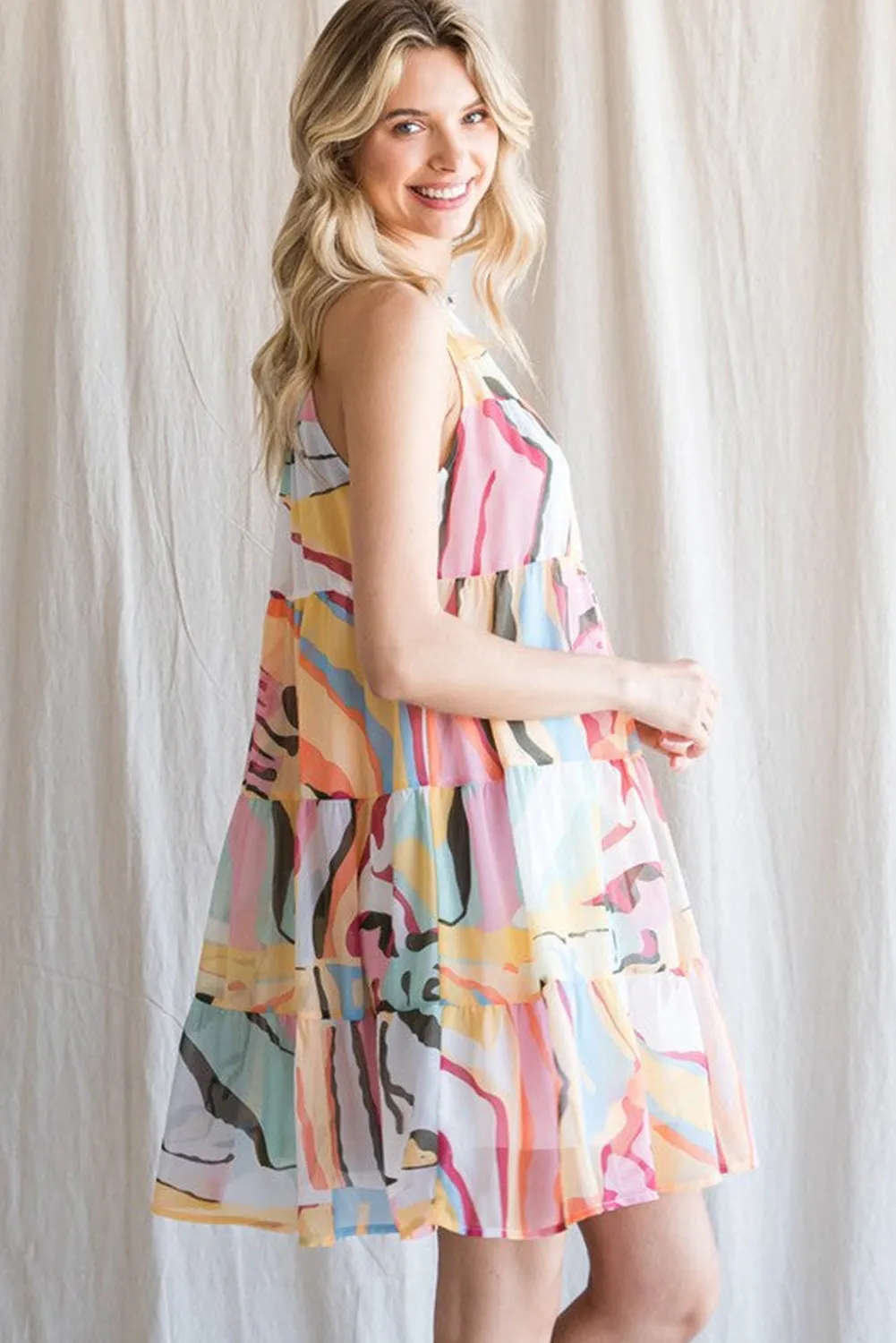 Multicolor Abstract Print Sleeveless Tiered Flowy Dress
