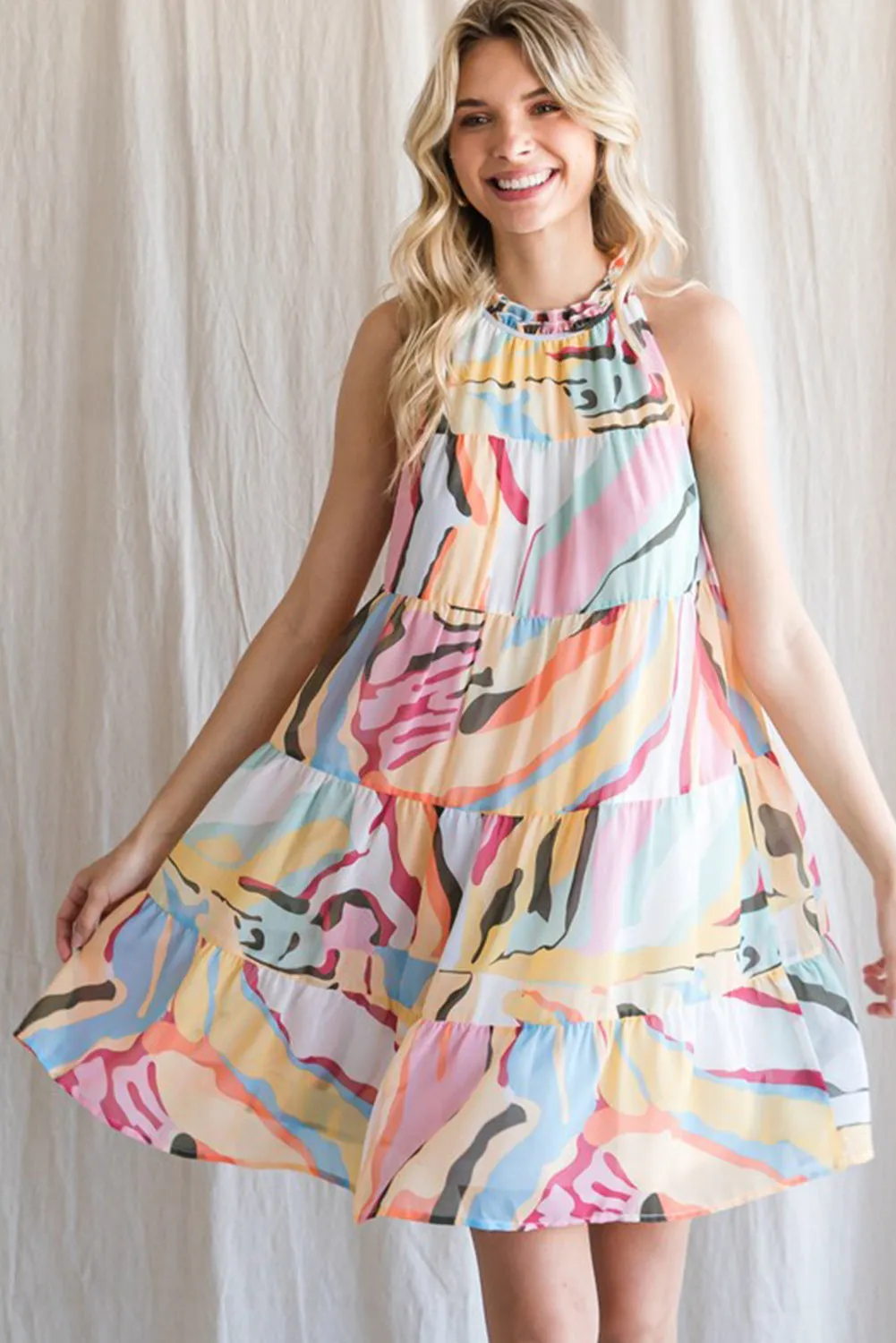 Multicolor Abstract Print Sleeveless Tiered Flowy Dress