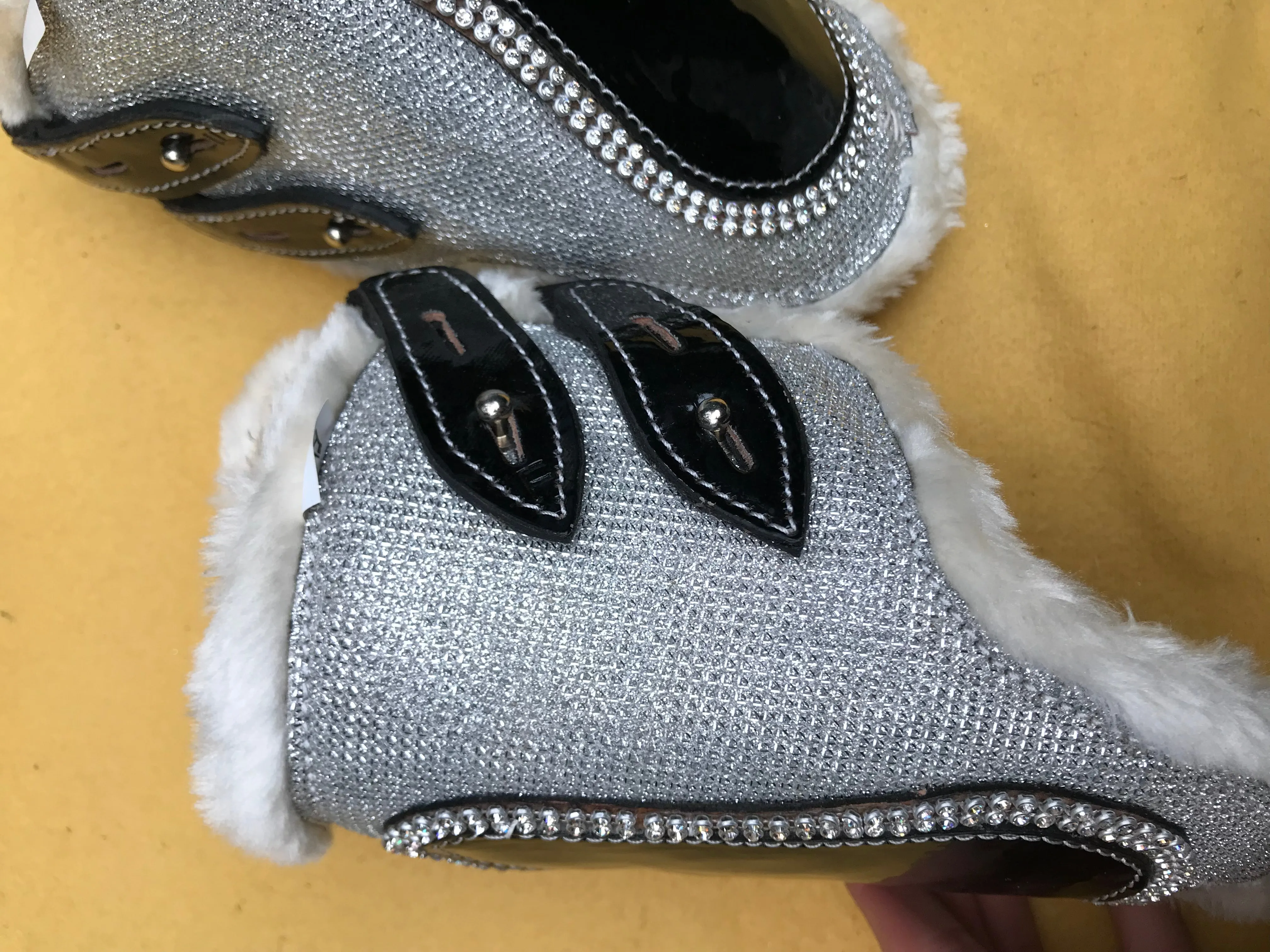 new wow range fetlock boots patient black with silver bling full size FREE POSTAGE