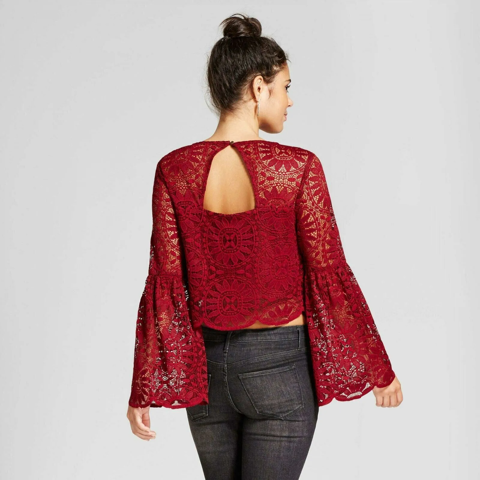 New Xhilaration Juniors Lace Bell-Sleeve Blouse Shirt Top Large
