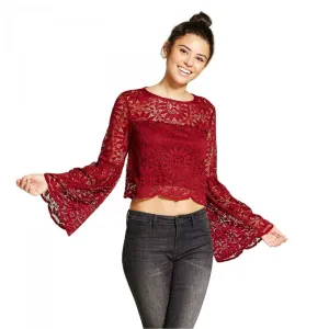 New Xhilaration Juniors Lace Bell-Sleeve Blouse Shirt Top Large
