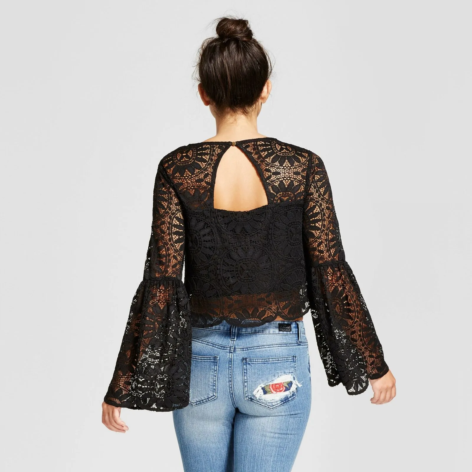 New Xhilaration Juniors Lace Bell-Sleeve Blouse Shirt Top Large