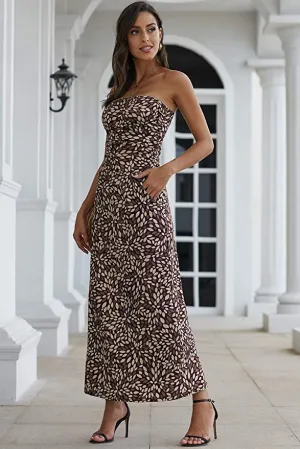 New YOUNGSUN Womens Strapless Floral Print Bohemian Long Dress Casual Off Shoulder Bandeau with Pockets, Sz L!