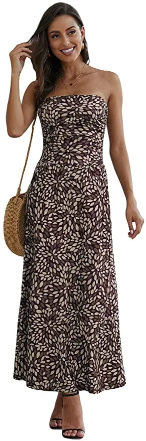 New YOUNGSUN Womens Strapless Floral Print Bohemian Long Dress Casual Off Shoulder Bandeau with Pockets, Sz L!