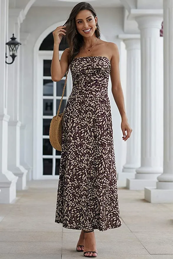 New YOUNGSUN Womens Strapless Floral Print Bohemian Long Dress Casual Off Shoulder Bandeau with Pockets, Sz L!