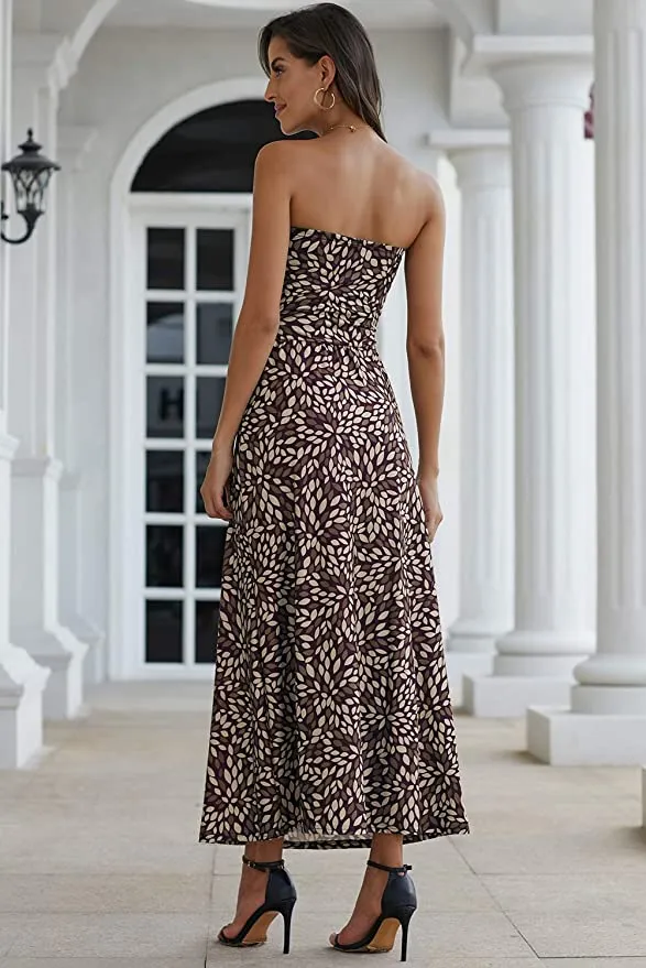 New YOUNGSUN Womens Strapless Floral Print Bohemian Long Dress Casual Off Shoulder Bandeau with Pockets, Sz L!