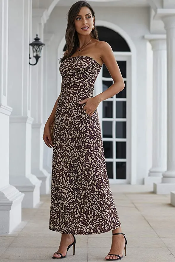 New YOUNGSUN Womens Strapless Floral Print Bohemian Long Dress Casual Off Shoulder Bandeau with Pockets, Sz L!